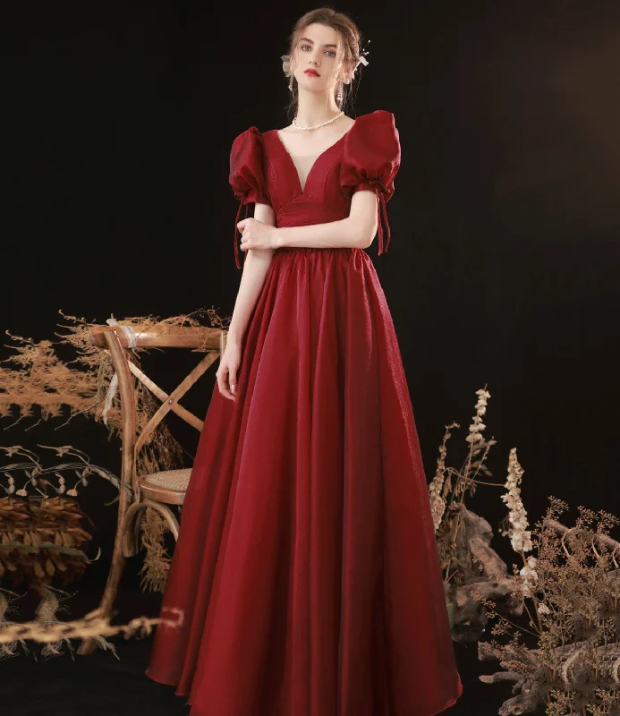 Button-Down DressBurgundy v neck long prom dress A line evening gown  10078