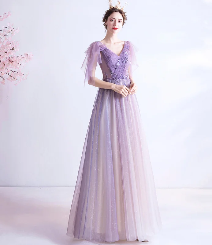 women's prom dressesPurple v neck tulle long prom dress A line evening gown  10130