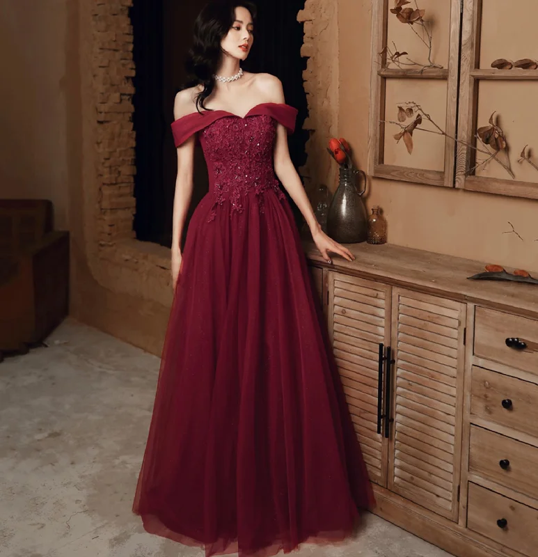 women's bow dressesBurgundy lace beads long prom dress evening dress  10114