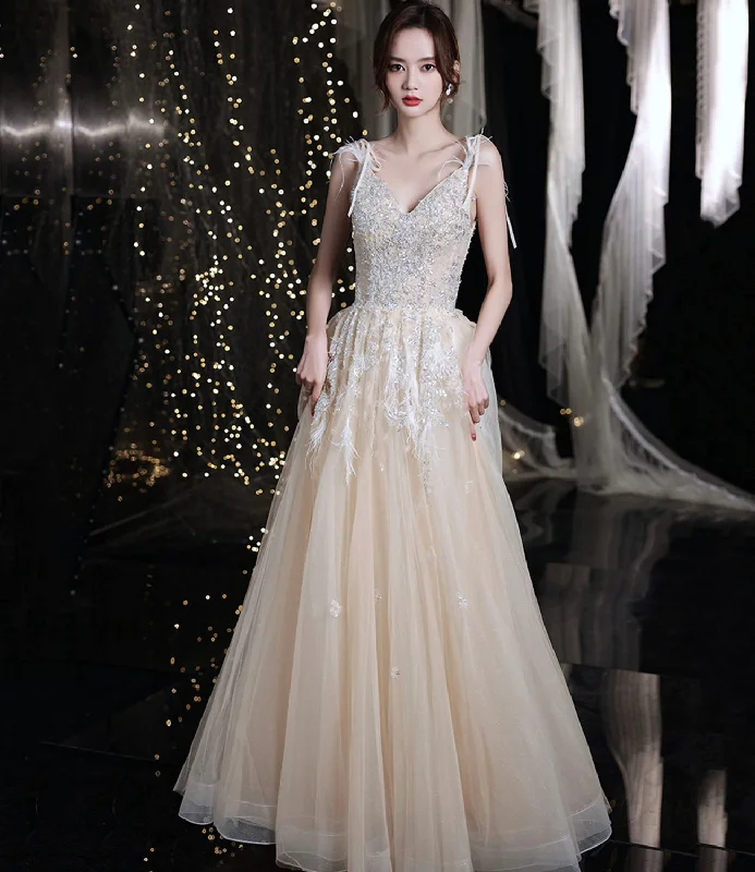 women's smart casual dressesChampagne tulle sequins long prom dress evening gown  10281