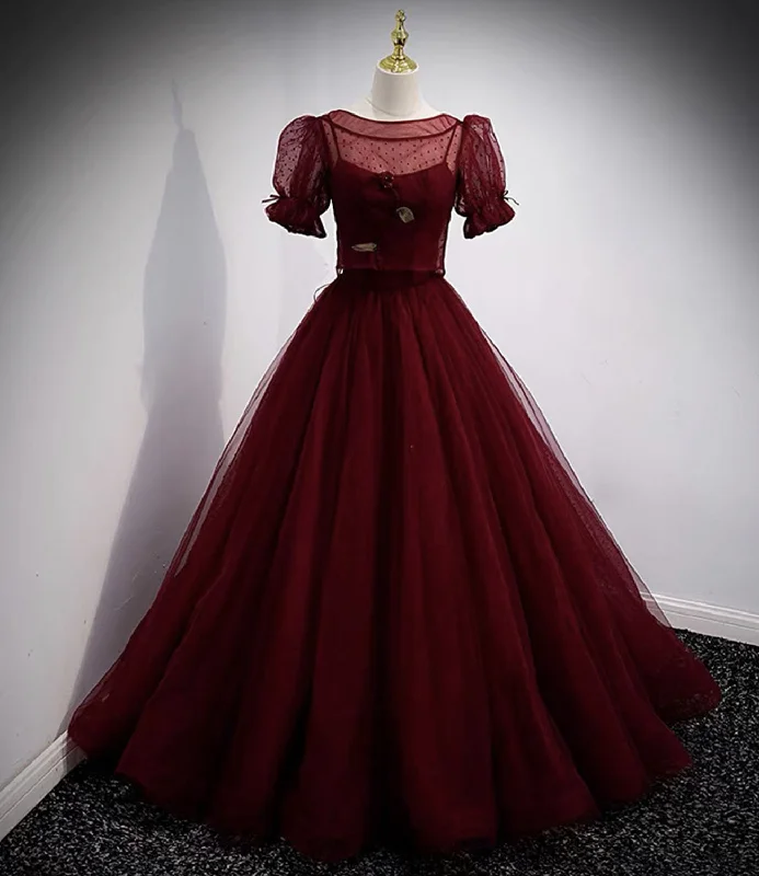 women's unique dressesBurgundy tulle long prom dress two pieces evening dress  10328