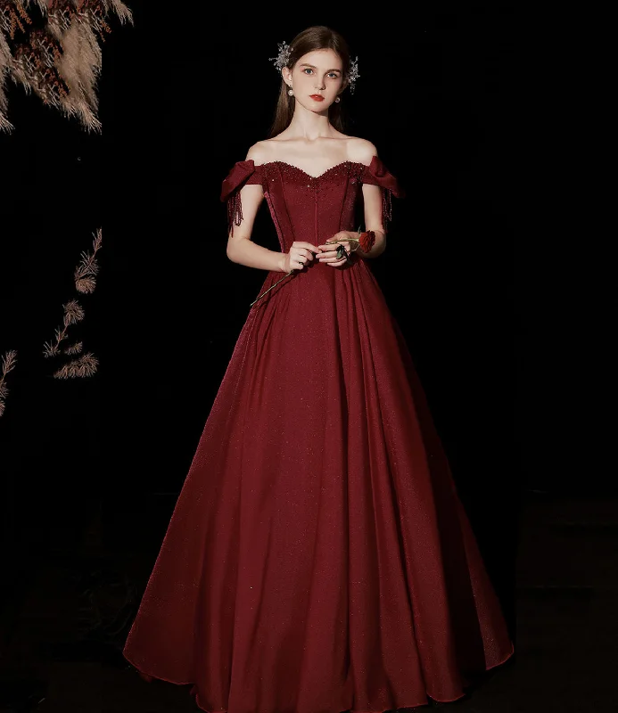 Sweetheart Neckline DressBurgundy satin long prom dress A line evening dress  10316