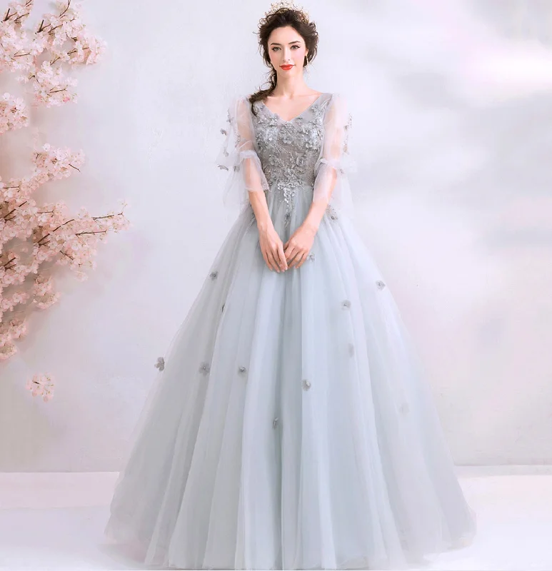 women's wrinkle-resistant dressesGray tulle applique long prom dress evening gown  10100