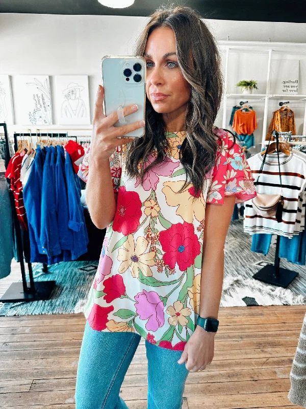 women's tops with unique designsIvory/Fuchsia Floral Print Top