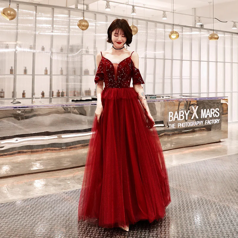 Sleeveless DressBurgundy v neck tulle sequins long prom dress, evening dress  10083