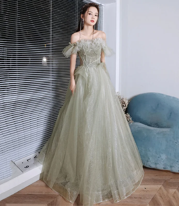 Tall Women DressGreen tulle sequins long prom dress A line evening dress  10225