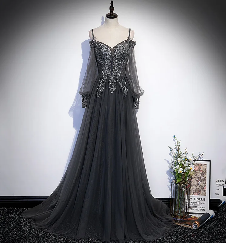 women's travel dressesGray tulle lace long prom dress A line evening dress  10109