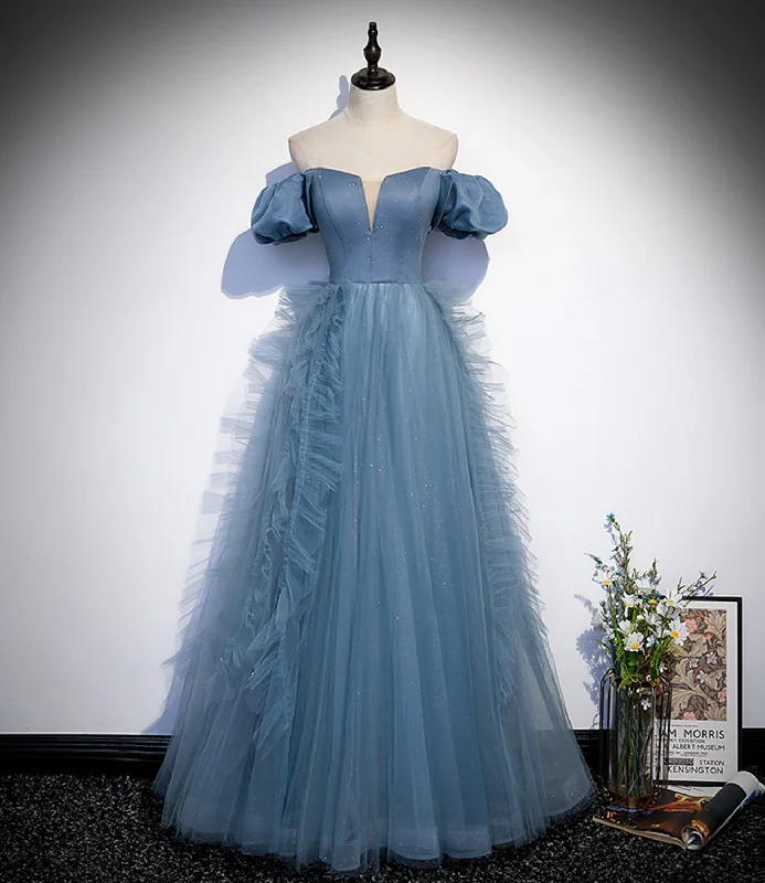 Ruffled Hem DressBlue satin tulle long prom dress blue evening dress  10312