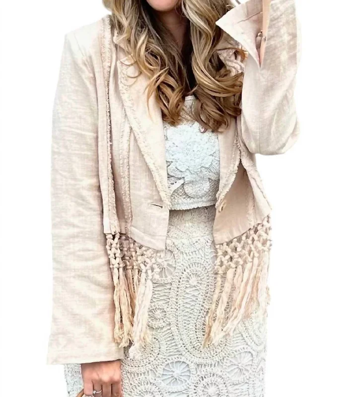 classic women's coatsSweet Fringe Linen Jacket In Beige