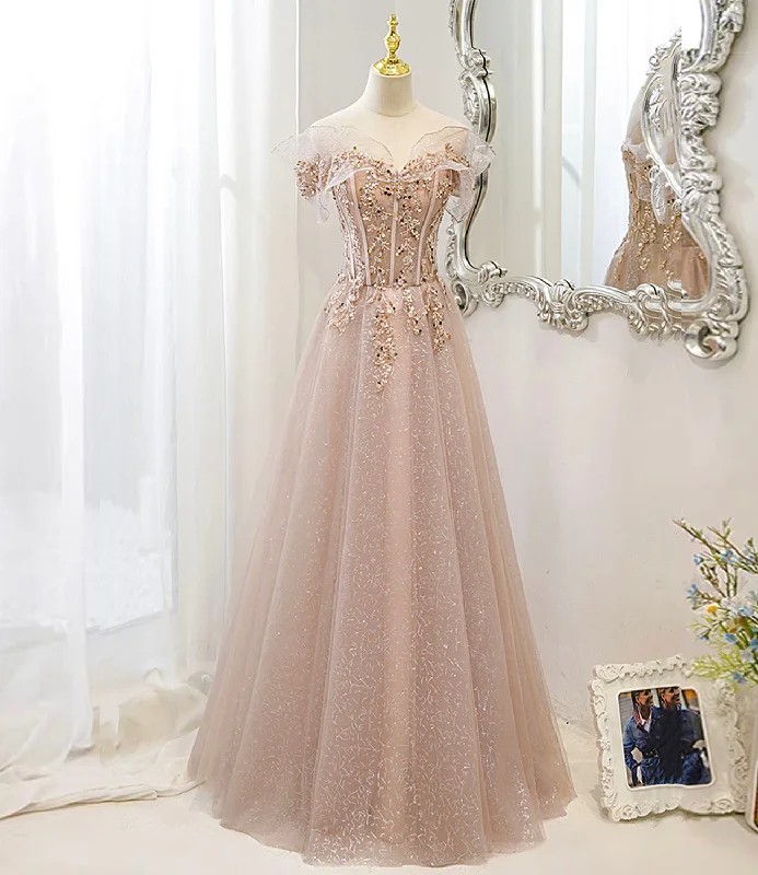 Short-Sleeve DressPink tulle sequins long prom dress pink evening dress  10173