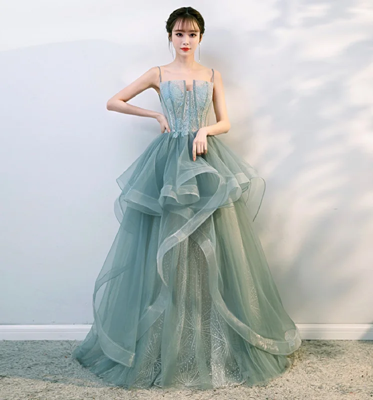 Bohemian DressGreen tulle lace long prom dress evening gown  10134