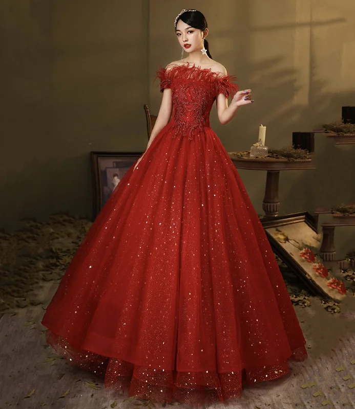 Flutter-Sleeve DressRed tulle sequins long ball gown dress A line evening dress  10324