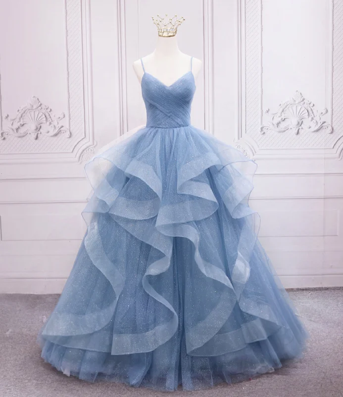 Leather DressBlue tulle long prom dress blue evening gown  10248