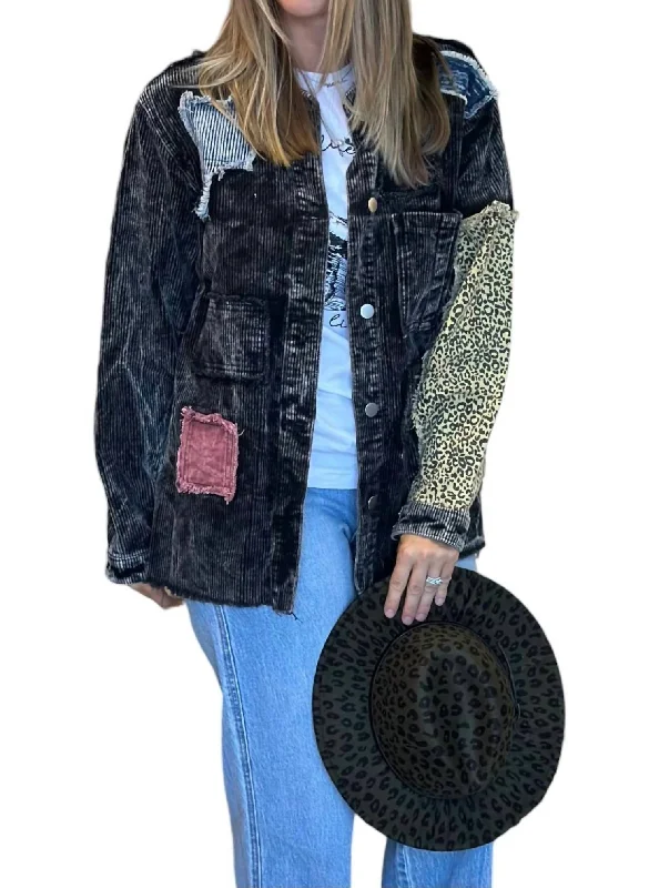 luxury women's coatsPatchwork Corduroy Jacket In Distressed Black