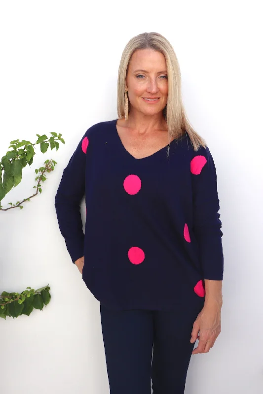 three-quarter sleeve women's topsPolka Dot Navy Sweater