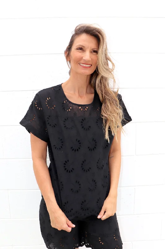 women's tops with lace-up frontsAnglaise Short Sleeve Cotton Top in Black