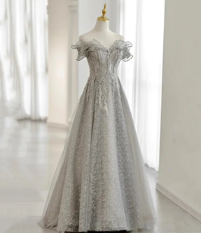 High-Low DressGray tulle beads long prom dress evening gown  10174