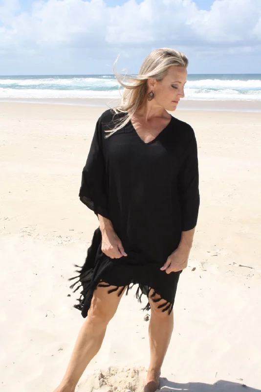 long-sleeved women's topsShort Kaftan With Tassels In Black