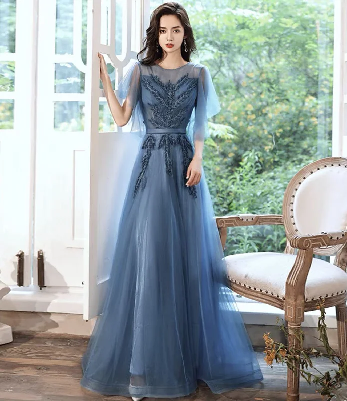 women's apple-shaped body dressesBlue tulle lace long prom dress blue evening gown  10286