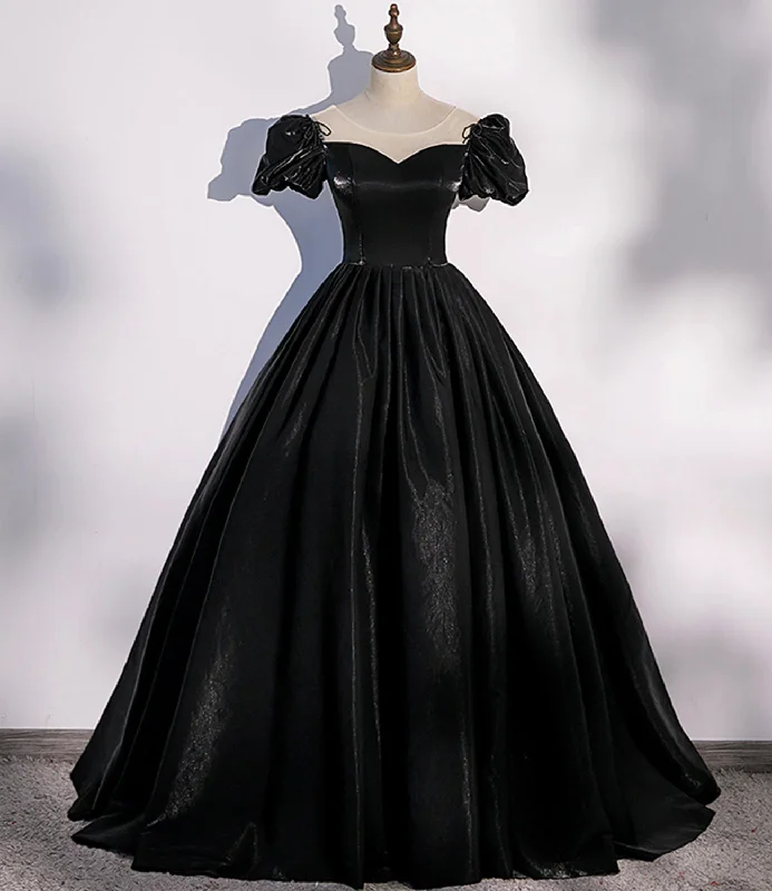 women's ruffle dressesBlack satin long prom dress A line evening gown  10347