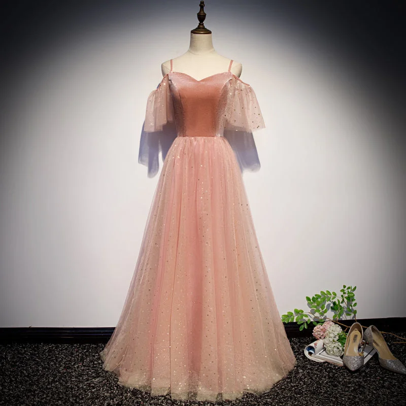 Long-Sleeve DressPink velvet tulle long prom dress, pink evening dress  10079