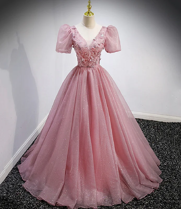 Embellished DressPink tulle sequins long prom dress pink evening gown  10158