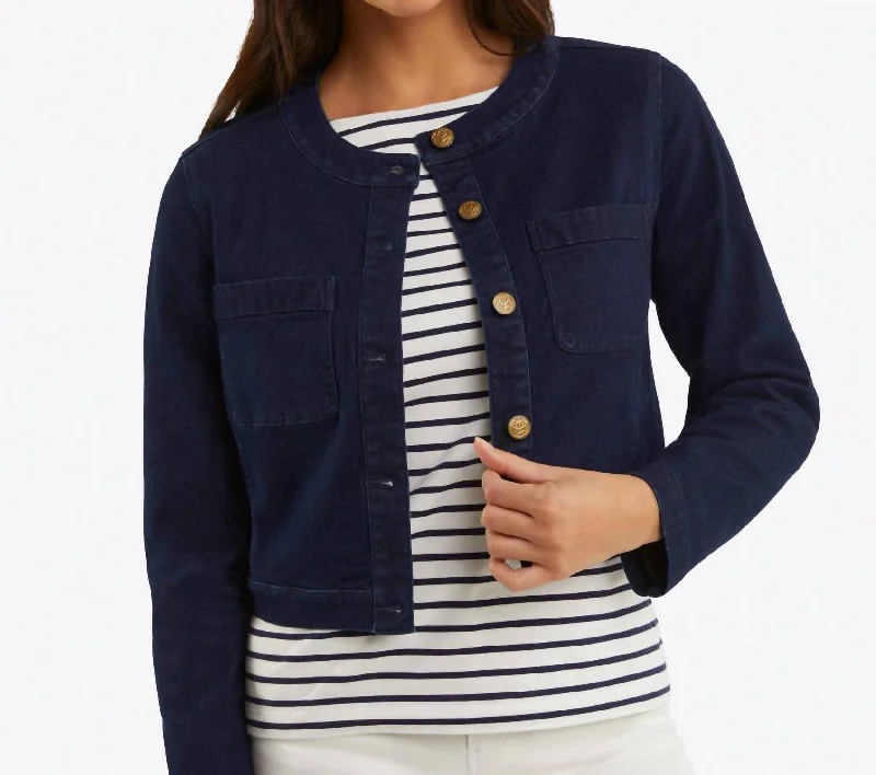 women's coats for those who value both style and comfortDenim Collarless Jacket In Dark Wash