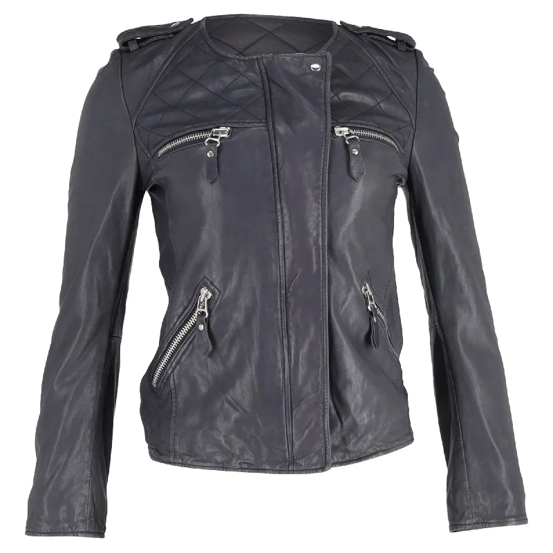 casual women's coatsIsabel Marant Etoile Zipped Biker Jacket in Grey Lambskin Leather