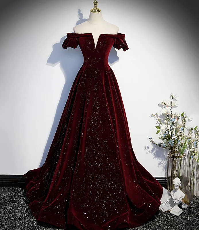 women's maximalist dressesBurgundy velvet long prom dress A line evening gown  10274