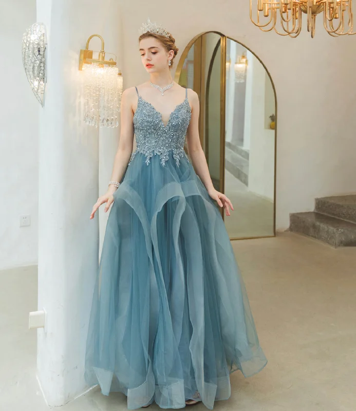 Velvet DressBlue tulle lace long prom dress blue evening gown  10241