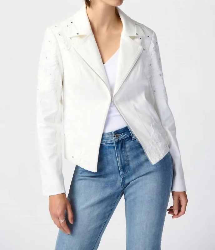 chic women's coats for winterStudded Foiled Suede Jacket With Floral Appliqué In Vanilla