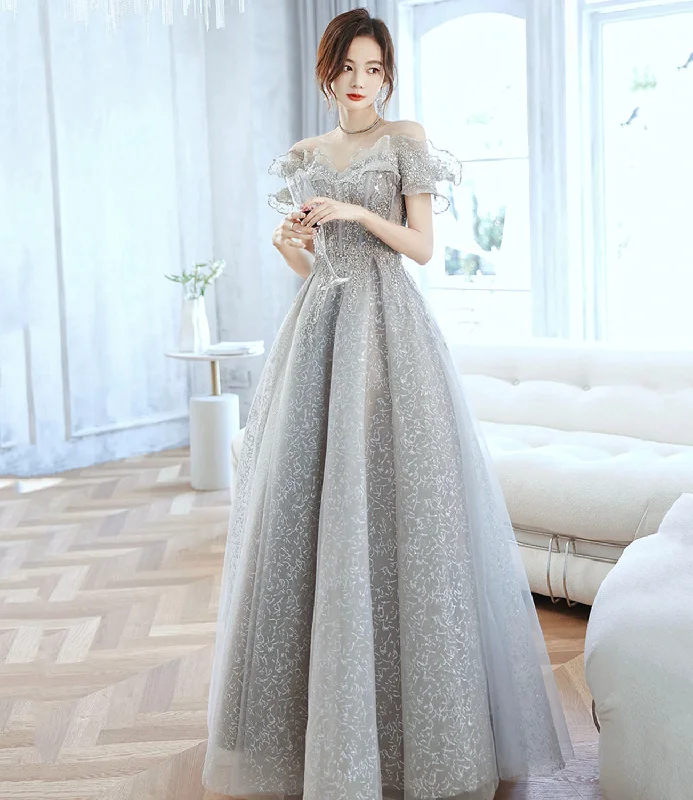 Lace DressGray tulle beads long prom dress gray evening gown  10170