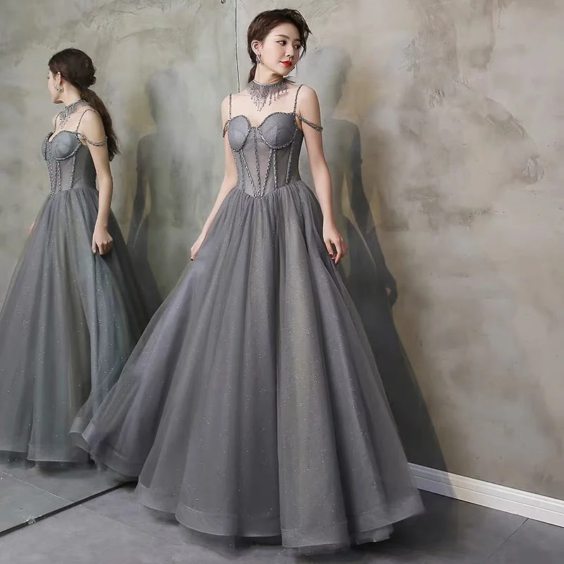 women's apple-shaped body dressesGray tulle beads long prom gown A line evening gown  10111