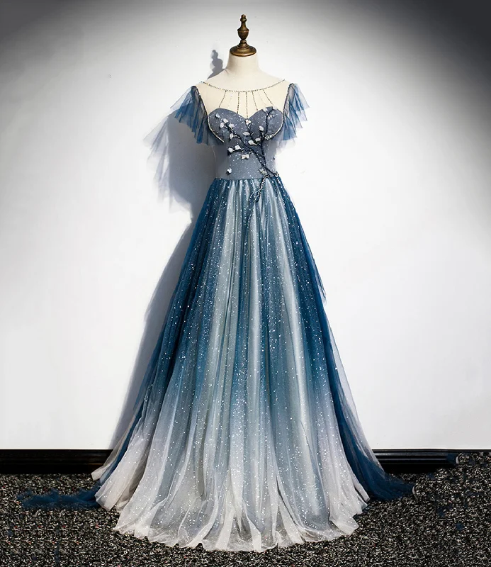 Tiered DressBlue tulle sequins long prom dress blue evening dress  10228