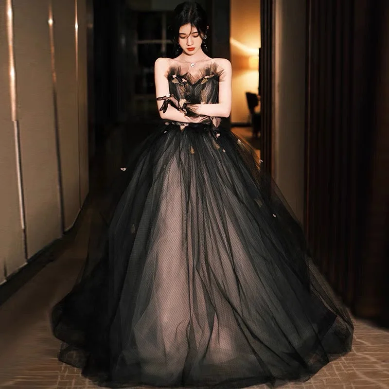 Glamour DressBlack tulle long ball gown dress A line evening gown  10133