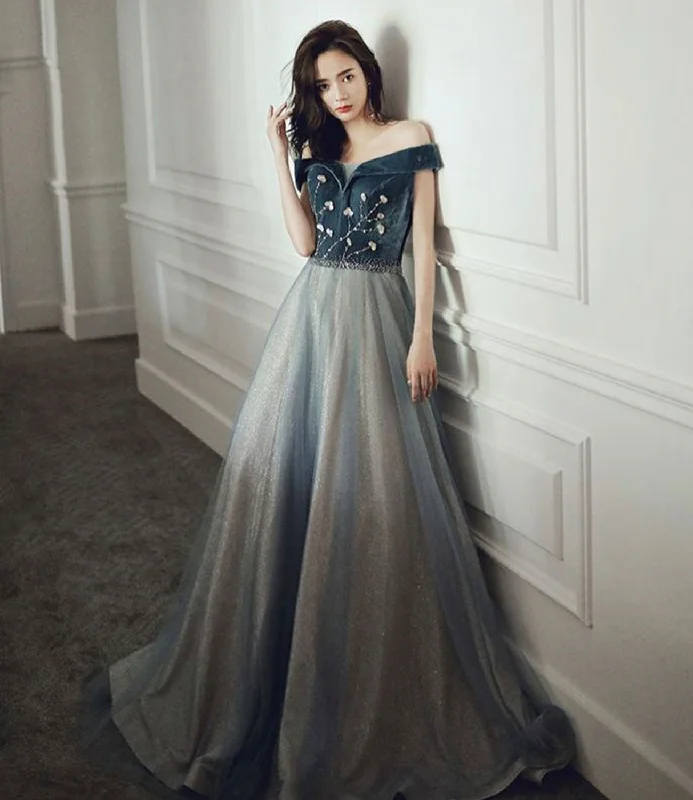 Spaghetti Strap DressBlue velvet tulle long prom dress evening gown  10233