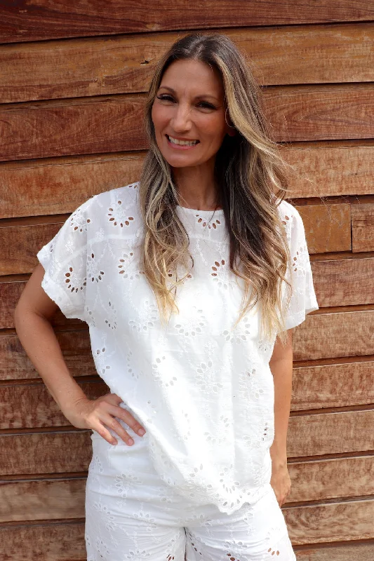 women's tops with cold-shoulder cuts and lace detailingAnglaise Short Sleeve Cotton Top in White