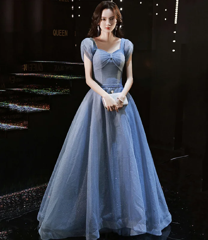 women's short-sleeved dressesBlue tulle long prom dress blue evening dress  10292