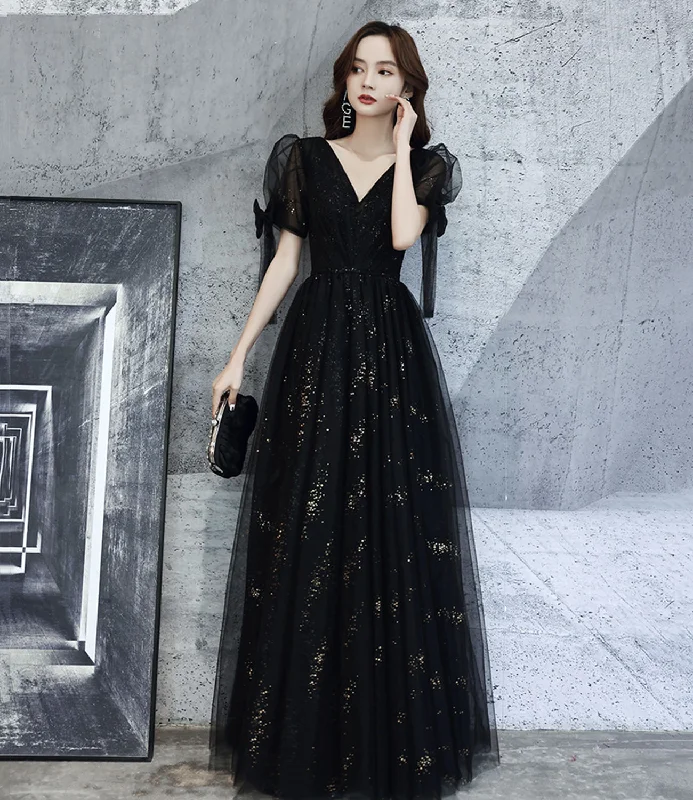 Laced DressBlack v neck tulle long prom dress A line evening dress  10318