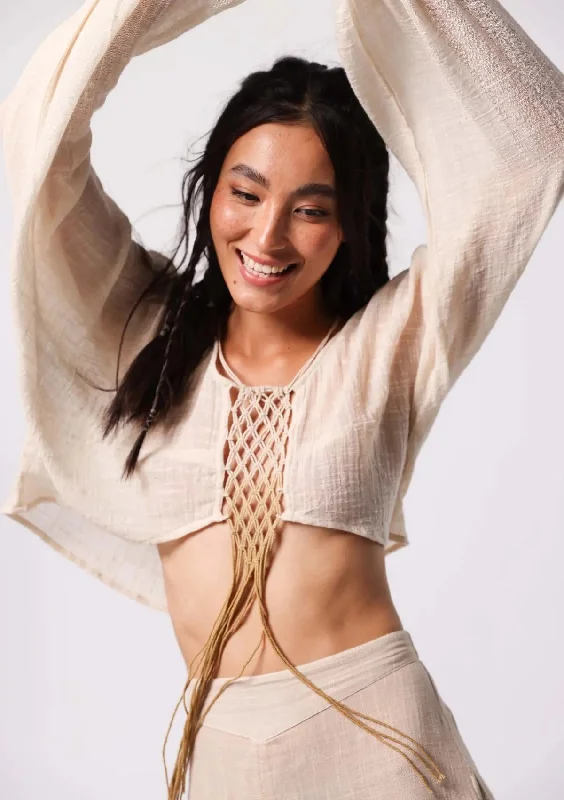 women's tops with sheer overlaysDELILAH MACRAME TOP - UNDYED /CURRY