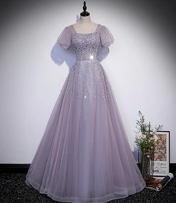 women's casual dressesPurple tulle beads long prom dress A line evening gown  10221