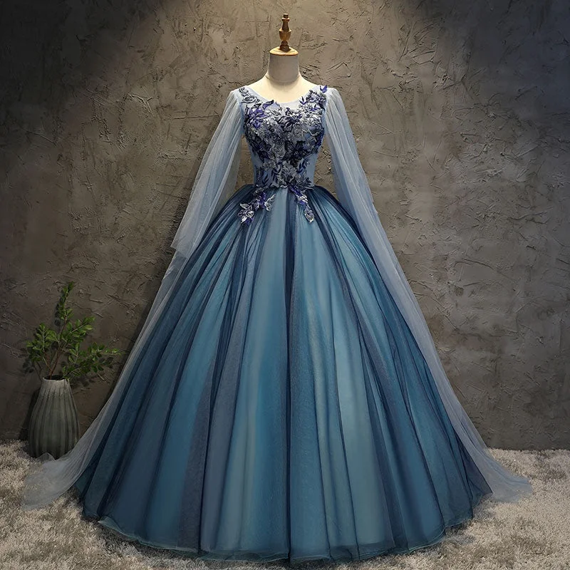 Cocktail DressBlue tulle lace long ball gown dress blue evening gown  10091