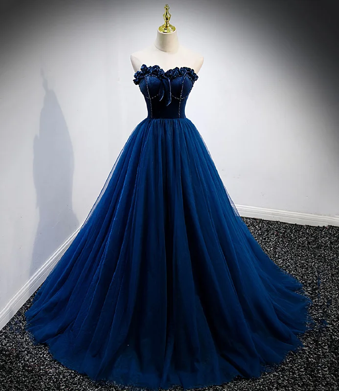 Metallic DressBlue velvet tulle long prom dress blue evening gown  10161