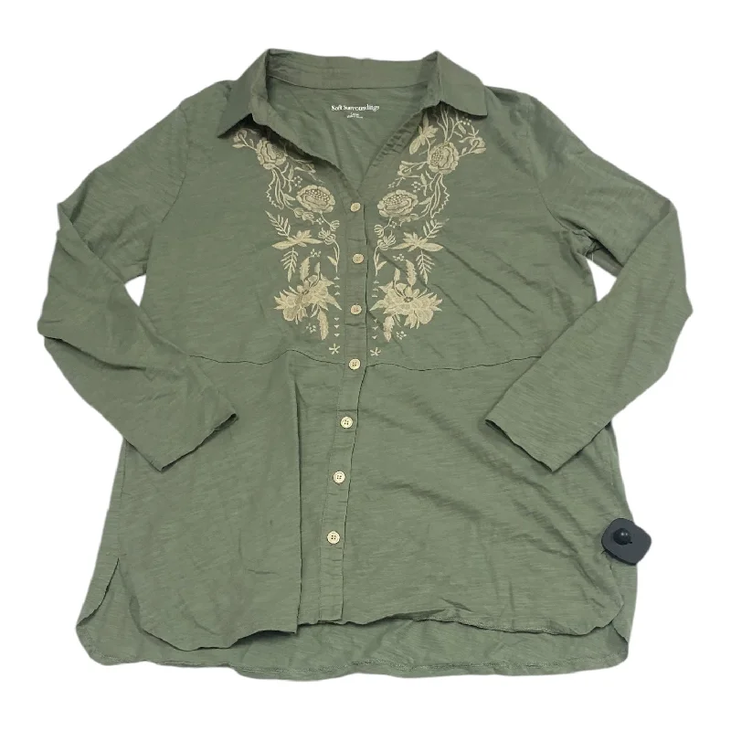 women's tops for those who love to shop for unique findsTop Long Sleeve By Soft Surroundings In Green & Tan, Size: L