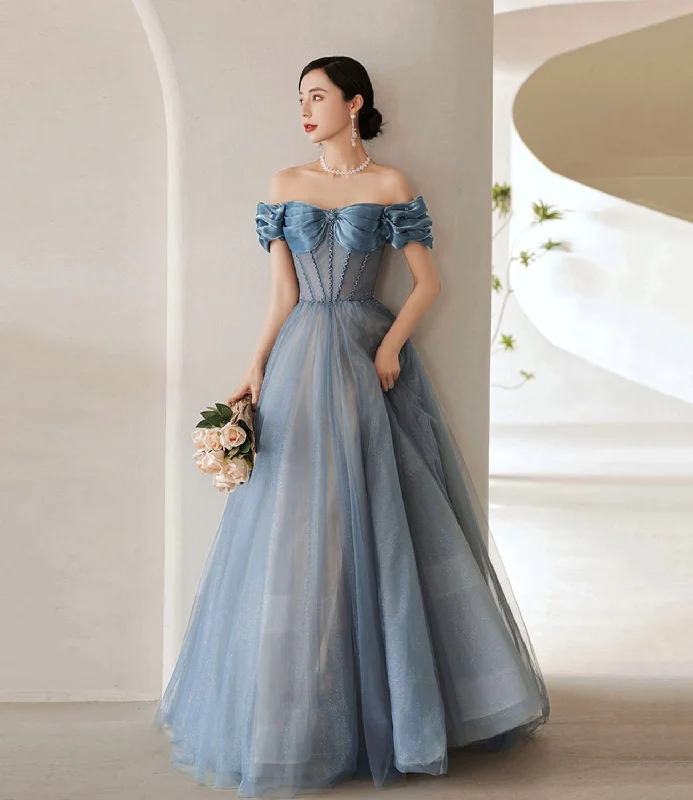 women's petite dressesBlue tulle long A line ball gown dress evening gown  10287