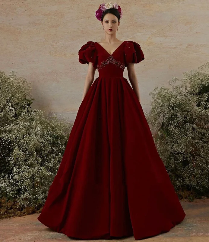 Solid Color DressBurgundy velvet long prom dress evening gown  10239