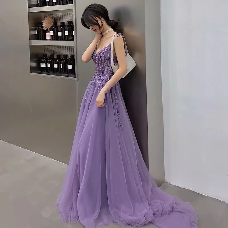 women's ball gown dressesPurple tulle lace long prom dress A line evening gown  10127