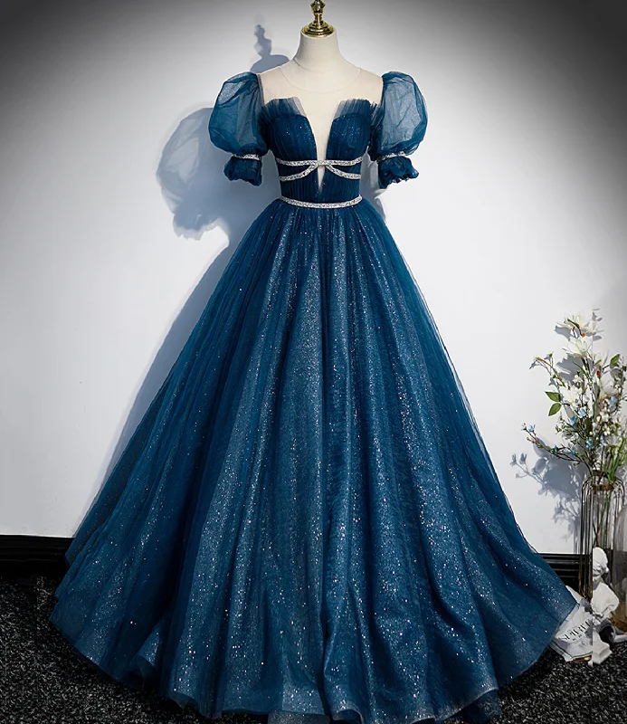 Bohemian DressBlue tulle sequins long prom dress blue evening gown  10223