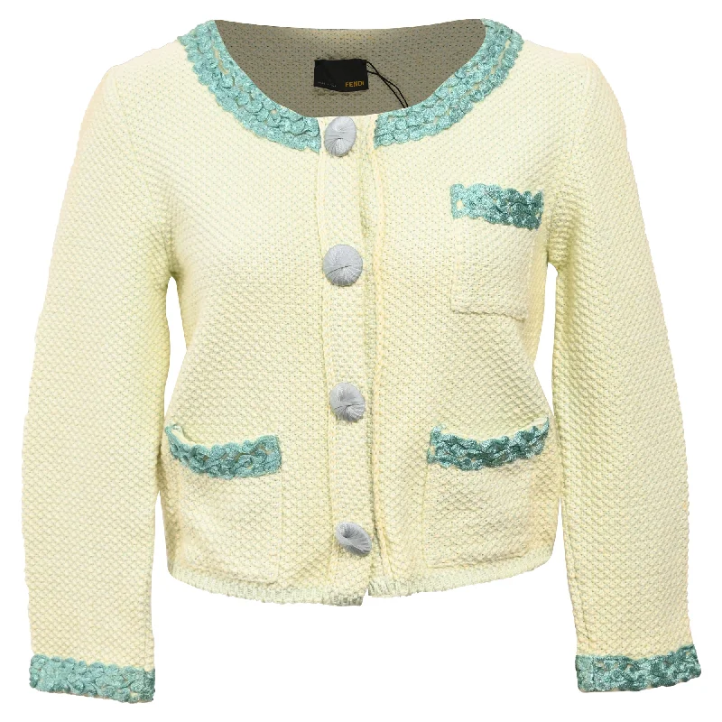 women's coats for maternity wearFendi Knitted Embellished-Buttons Cardigan in Yellow Cotton