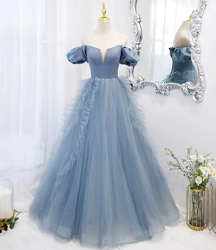 women's one-shoulder dressesBlue tulle long prom dress blue evening dress  10294